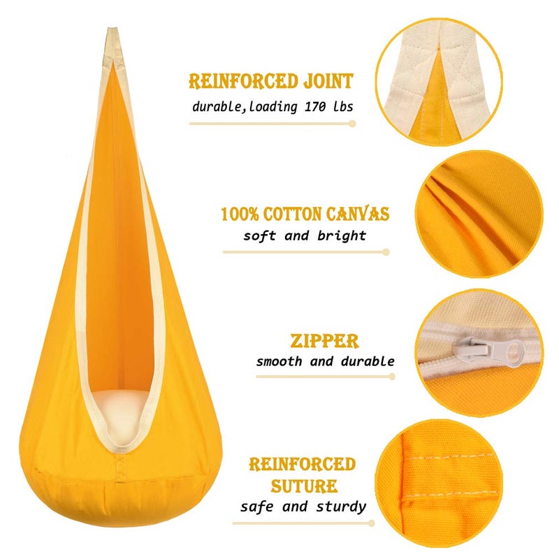 WUBOTIYU Kids Pod Swing Hanging Seat Child Hammock Chair Indoor and Outdoor Sensory Swings 100% Cotton Loading Capacity 170 lbs (Yellow) - Image 3